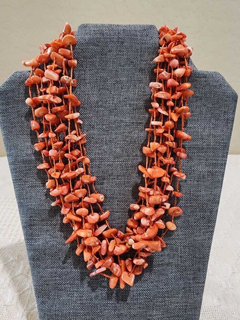 Artisan Mid-Century MCM Orange Coral Abalone Shell 10-Strand Statement Necklace